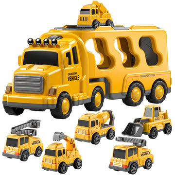 Temi Construction Truck Toys Cars For Toddlers 3-5 - 7-In-1 Friction Powered Vehicle Toy 3 4 5 6 Year Old Boys, Carrier Transpor