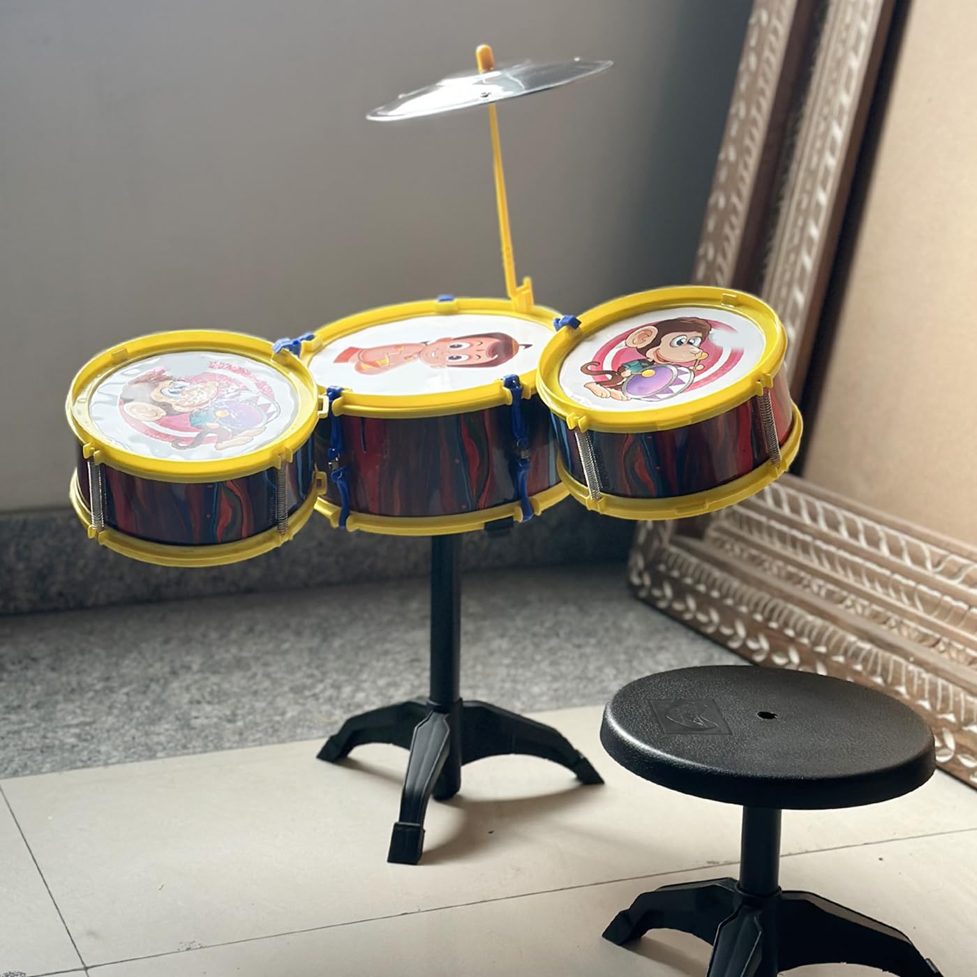 Prime 3Pcs Kids/Junior Drumer Set For Beginners Musical Toy Instrument With 3 Drums, 1 Dish, 1 Stool And Sticks| Musical Toys Fo