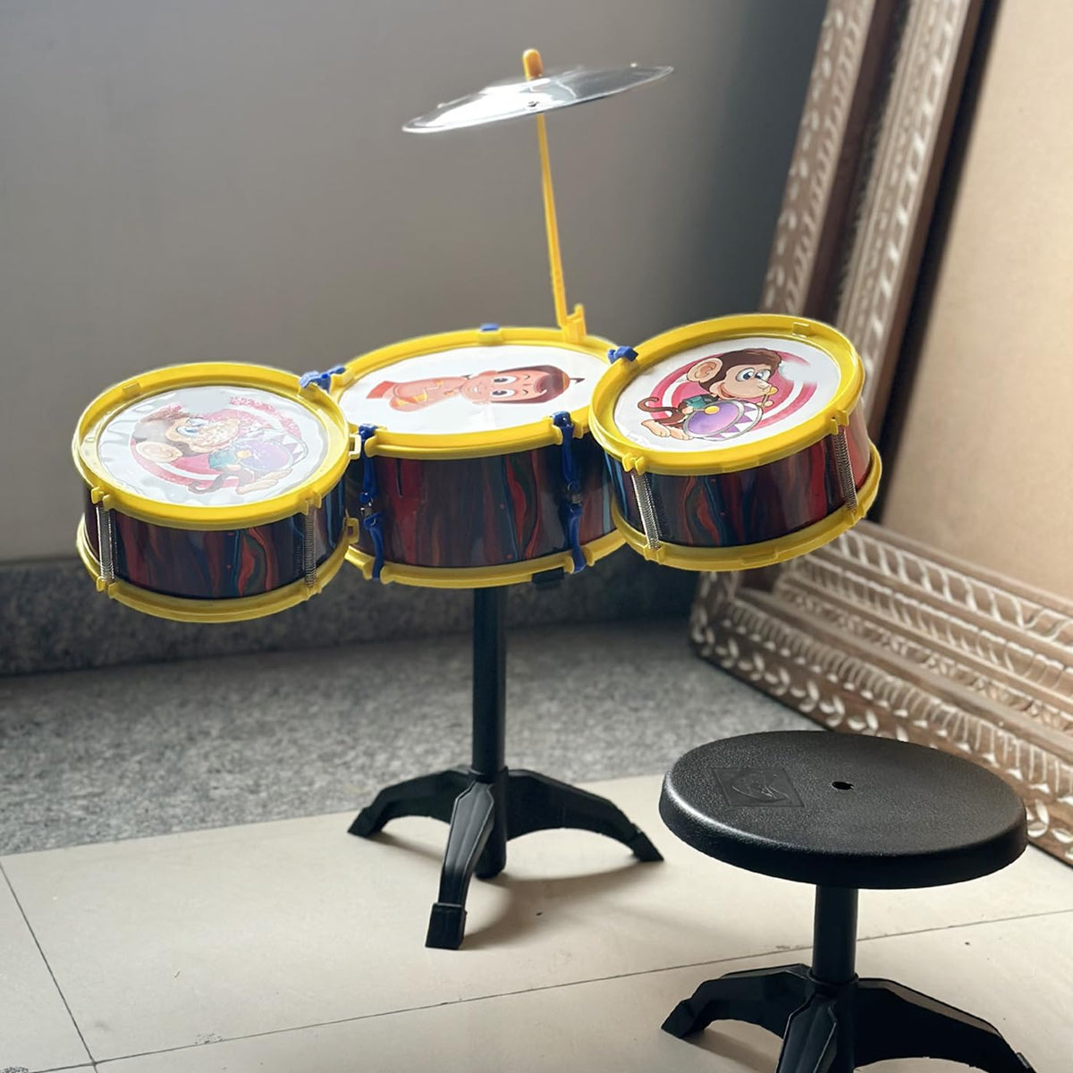Prime 3Pcs Kids/Junior Drumer Set For Beginners Musical Toy Instrument With 3 Drums, 1 Dish, 1 Stool And Sticks| Musical Toys Fo