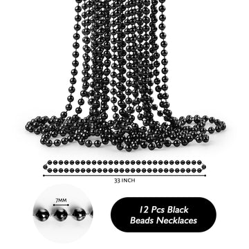 ZZYFGH 33'' 7mm Metallic Black Bead Necklace Bulk, Mardi Gras Round Beaded Necklaces for Party Favors Costume Necklace (12 Pcs)