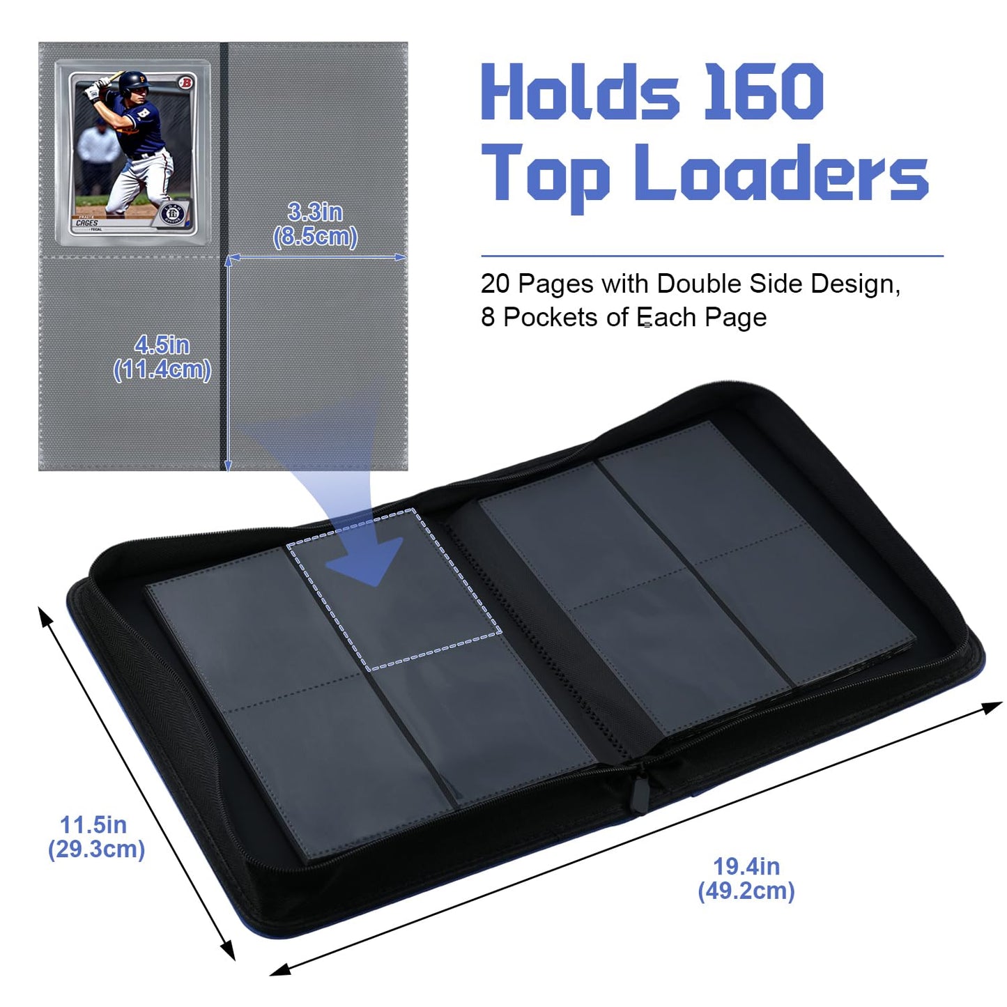 Top Loader Binder  WITHYU 4 Pocket Trading Card Binder for 3x4 Rigid Cards  160 Pockets Card Album with 8 Toploaders  Cards Storage Organizer for Sports  TCG  MTG (Deep Blue)