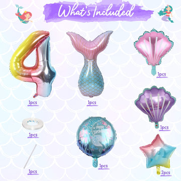 Mermaid 4Th Birthday Decorations, 8Pcs Mermaid Party Decorations Balloons, 40 Inch Rainbow Number 4 Balloon, Large Helium Foil Mermaid Tail Balloon, Seashell Balloons For Girls' 4Th Birthday Party