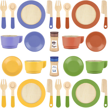Wooden Play Dishes And Plates For Kids Kitchen Set Accessories For Toddlers 1-3 Cooking Toys Tea Cups For Kids Kitchen Birthday 