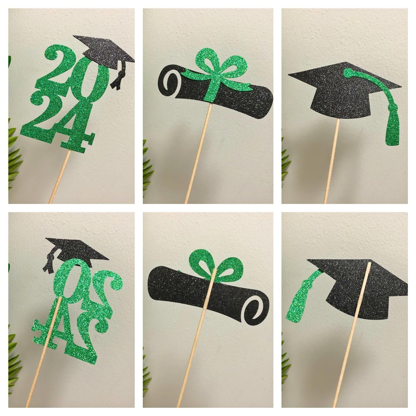Alissar 15-Pack Double Sided Glitter 2024 Graduation Party Centerpiece Sticks Green- Table Toppers For 2024 Graduation Party Dec