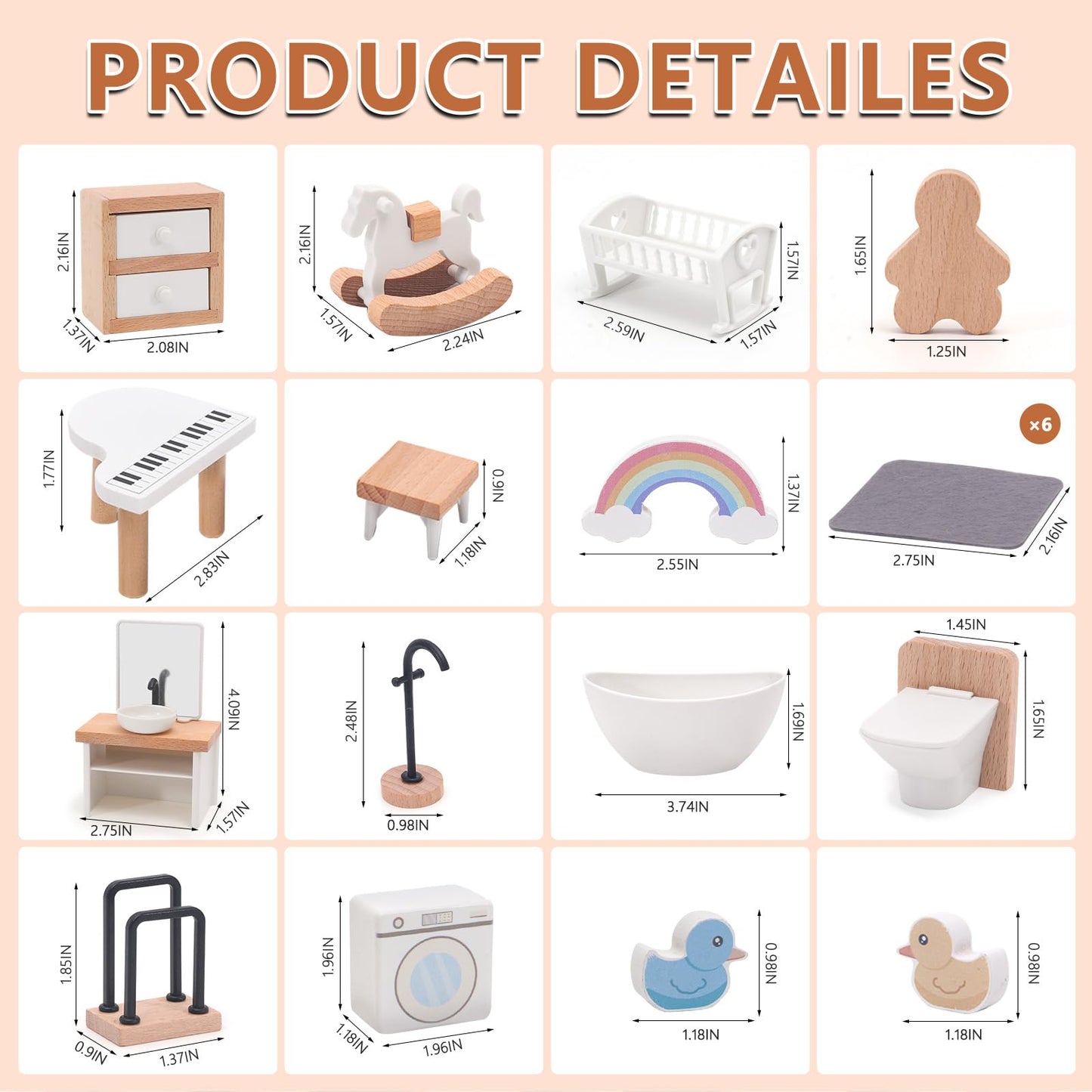 HAPGFS Wooden Dollhouse Furniture Set Elegant Kids Room & Bathroom Doll House Accessories  enhanced Wood Toys for 3-6 Year Olds  Dollhouse Decor Set for Girls & Boys Birthday Christmas