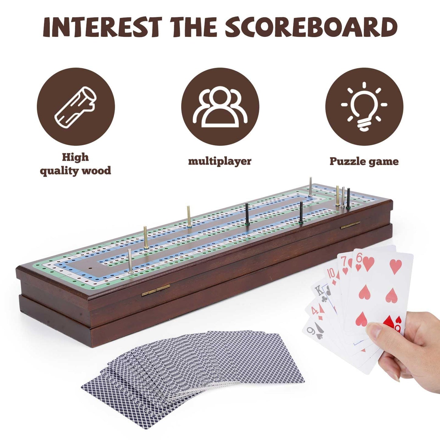 Wooden Cribbage Board Game Set  enhanced Wooden Board with Magnetic Lock and Metal Pegs  Strategy Card Game Cribbage - Travel Portable Cribbage Game Sets for Family