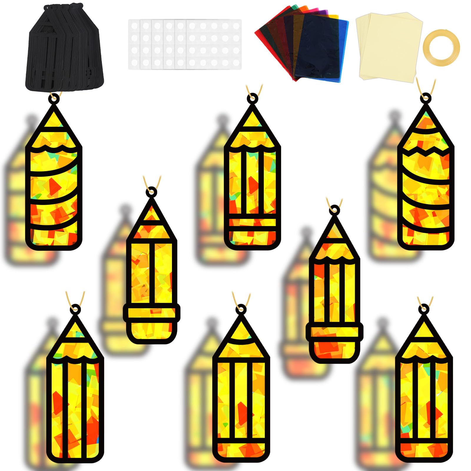 32 Sets Back to School Pencil Suncatchers Craft Kit DIY Window Stained Glass Effect Pencils Paper Crafts for Home School Classro