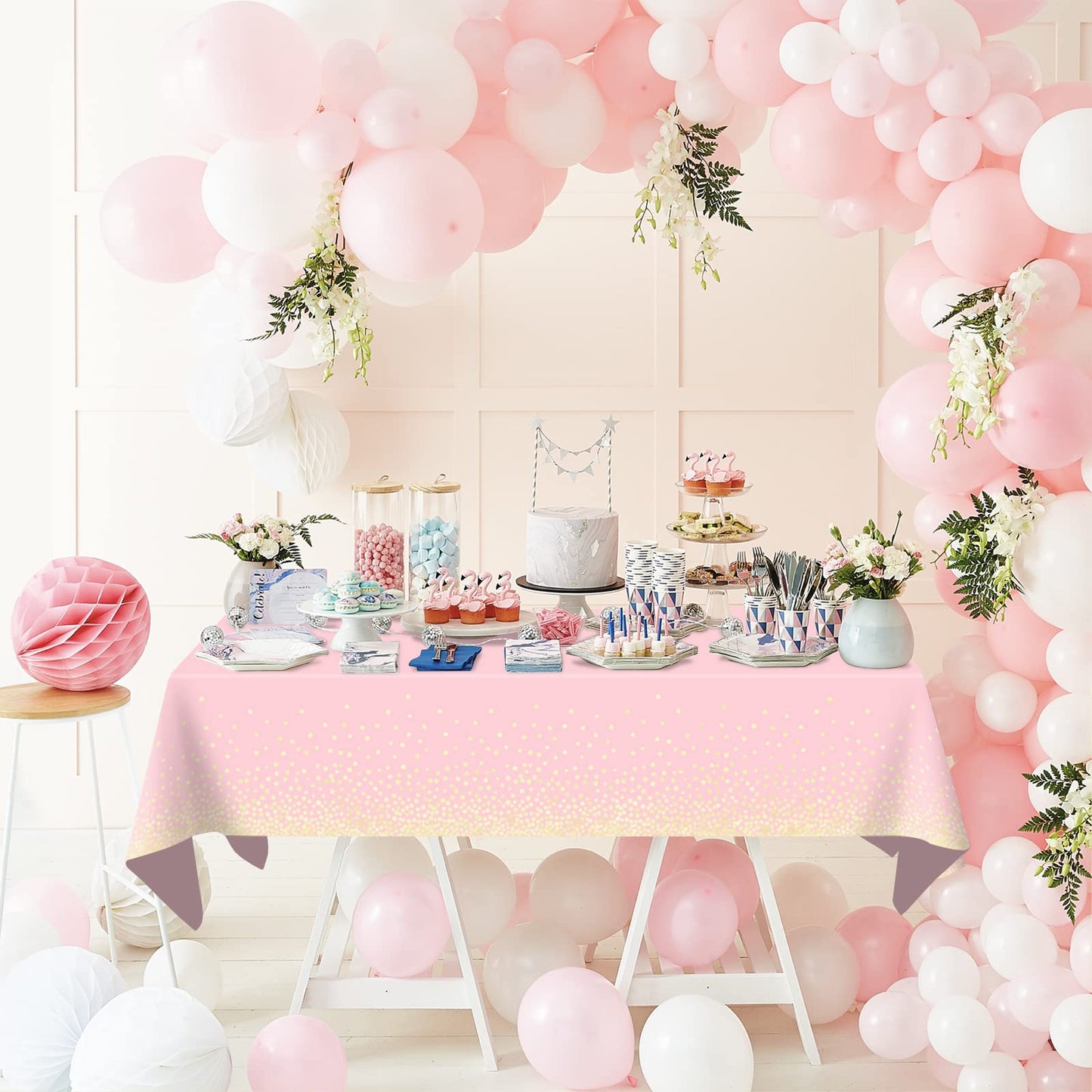 Mulbozy 2 Pcs Pink Tablecloth 54   108  Gold Dot Pink Table Cloth, Pink Disposable Plastic Tablecover for Birthday, Baby Shower,