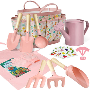 Qtioucp Kids Gardening Set 14Pcs Gardening Tools For Kids With Tote Bag,Watering Can, Shovel, Apron, Garden Book And More Educat
