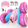 NUOKE Remote Control Car, Pink RC Cars for Girls, Rechargeable RC Truck, 2.4Ghz Double Sided 360 Rotating Stunt Car Toy with Hea