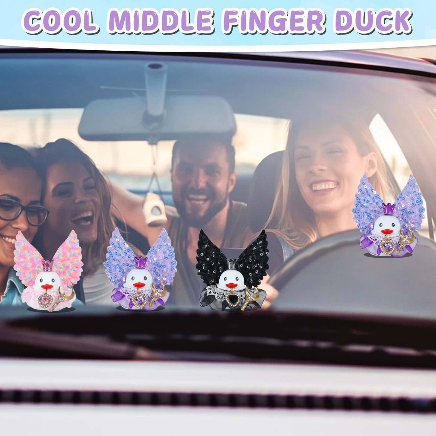 Angle Rubber Duck Car Ornaments with Pink Glitter Wing,Cute Squeaky Duck with Crystal Necklace,Moon-Shaped Magic Wand Ducky Car