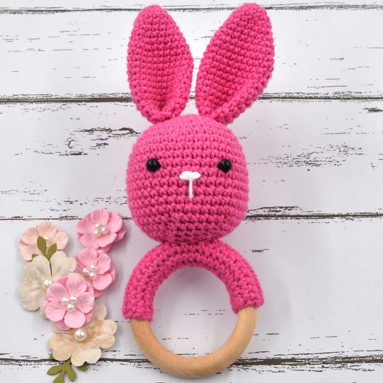 Love Crochet Art Animal Shape Crochet Rattle Cum Soft Toy For Infant, Kids & Babies, Early Age Gift Toys (Bunny Rabbit  Pink)
