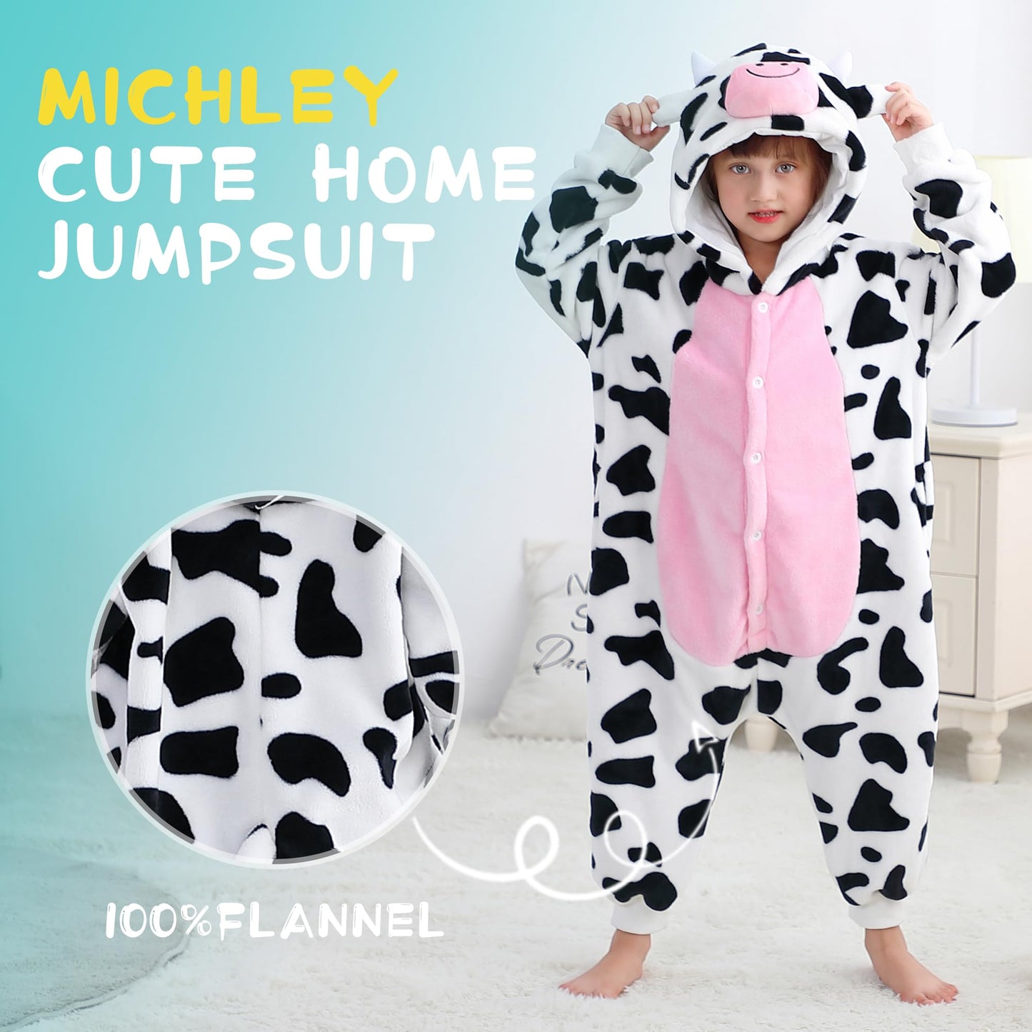 Michley Animal Hooded Romper Kids Flannel Halloween Cosplay Pajamas Costume 3-12T For Autumn Winter, Cow, 7-8T, Size120