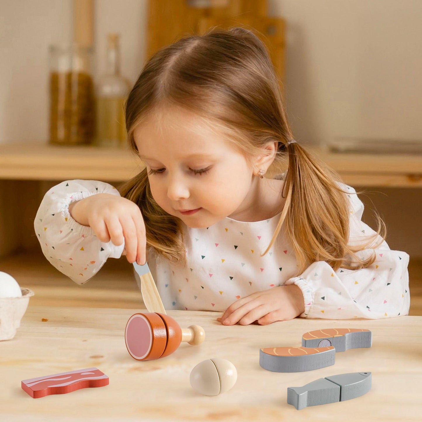 Robotime Wooden Play Food Cutting Meat & Eggs Set, Pretend Play Toy Food For Play Kitchen With Shopping Bag - Kids Kitchen Acces