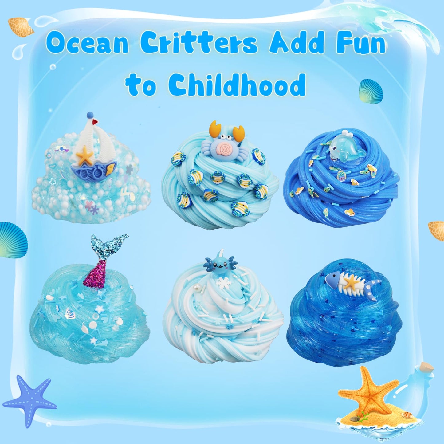 NEWCHEN 6-Pack Blue Slime Kit for Kids, Soft Non-Sticky Butter Slime, Stretchy Party Favors, Ages 3+
