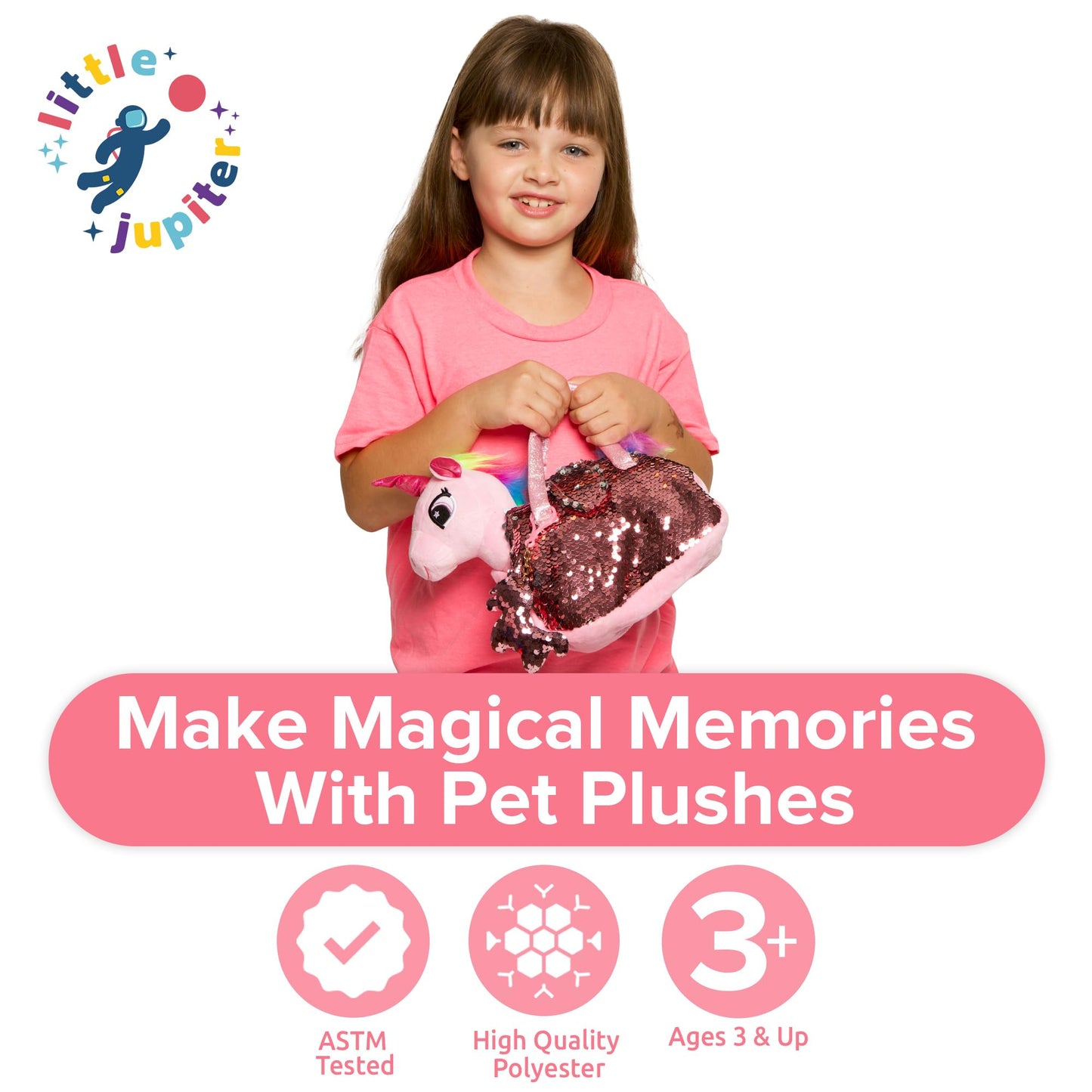 Little Jupiter Plush Pet Set W/Purse - Unicorn Stuffed Animals For Girls - Unicorn Plush Gift For Age 4-7 (Pink Unicorn)