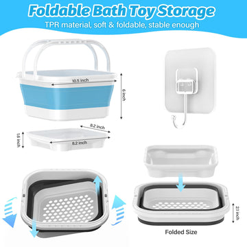 Anivia Foldable-Bath-Toy-Storage-Organizer, Bath Toy Holder With Removable Base, Quick-Drain-Drying Bathtub Toy Storage, Basket Bathroom Shower Toys Holder For Kids (Blue)