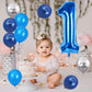 40 Inch Blue Number 1 Balloon, 1St Birthday Balloons, 11Pcs Silver Birthday Print Balloons Dark Light Blue Latex Balloons 1 Foil