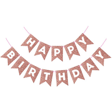 Hooqict Rose Gold Happy Birthday Banner Sign For Backdrop Glitter Rose Gold Birthday Decorations Banner Garland Bunting Flag For Women Girls Tea Party Supplies Wall Door Decorations
