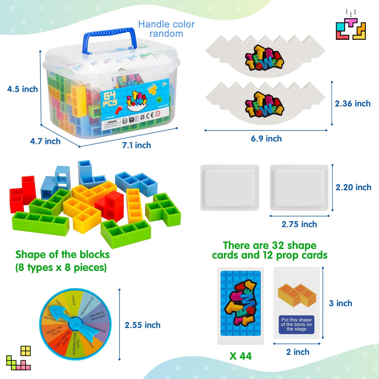 WOWNOVA Deluxe Tetra Tower Game - 64PCS Stacking Blocks for Family Fun, Includes Prize Wheel & Storage Box, Ideal for Kids & Adults