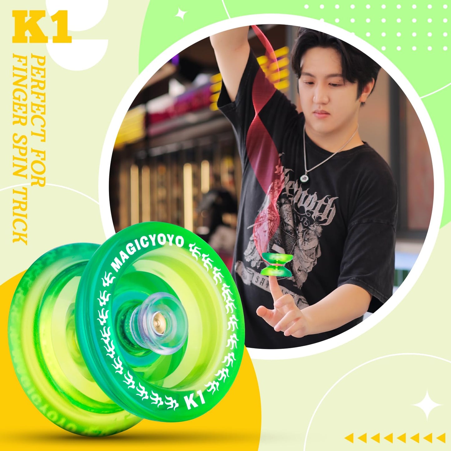 MAGICYOYO K1 Responsive Yoyo for Kids Beginners  Finger Spin Yoyo Tricks  Plastic Yoyo for mature-themed with Unresponsive Yoyo Bearing + Axle + Yoyo Glove+ Square Yoyo Case+ 12 Yoyo Strings (Green Yellow)