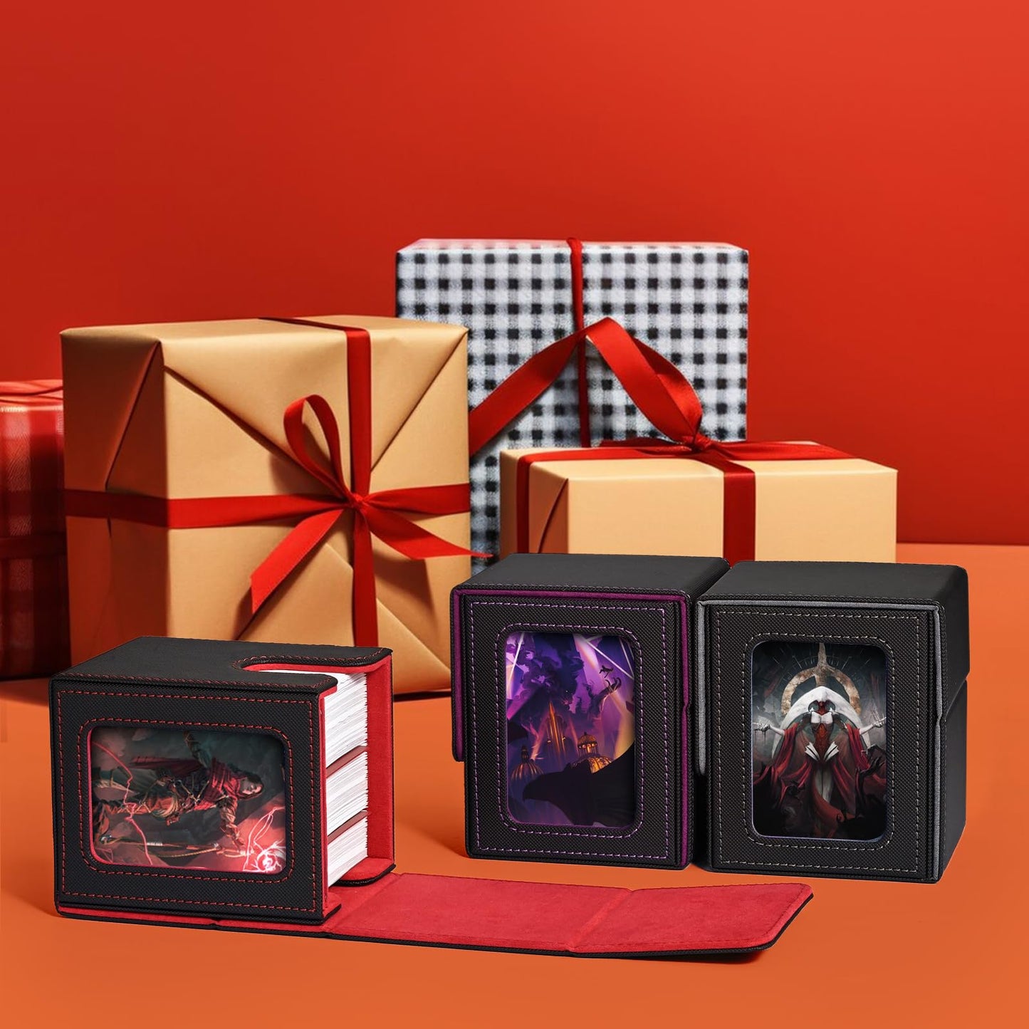Uaono Card Deck Box With Mtg Commander Display, Deck Case Holds 100+ Double-Sleeved Cards, Trading Card Storage Box Fits Tcg/Ptcg/Sports Card With 2 Dividers, 1 Toploader (Black, Red)