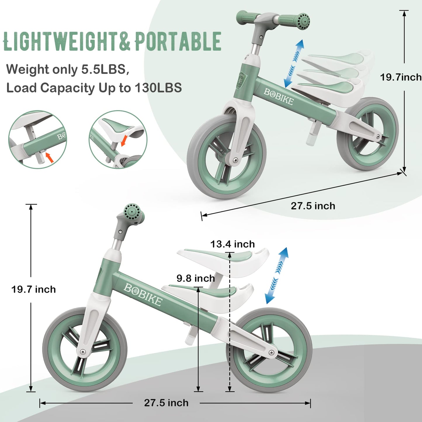 Bobike Toddler Balance Bike Toys For 1 To 6 Year Old Girls Boys Adjustable Seat And Handlebar No-Pedal Training Bike Best Gifts For Kids (Green)