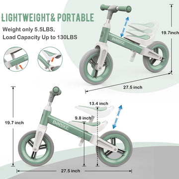 Bobike Toddler Balance Bike Toys For 1 To 6 Year Old Girls Boys Adjustable Seat And Handlebar No-Pedal Training Bike Best Gifts For Kids (Green)