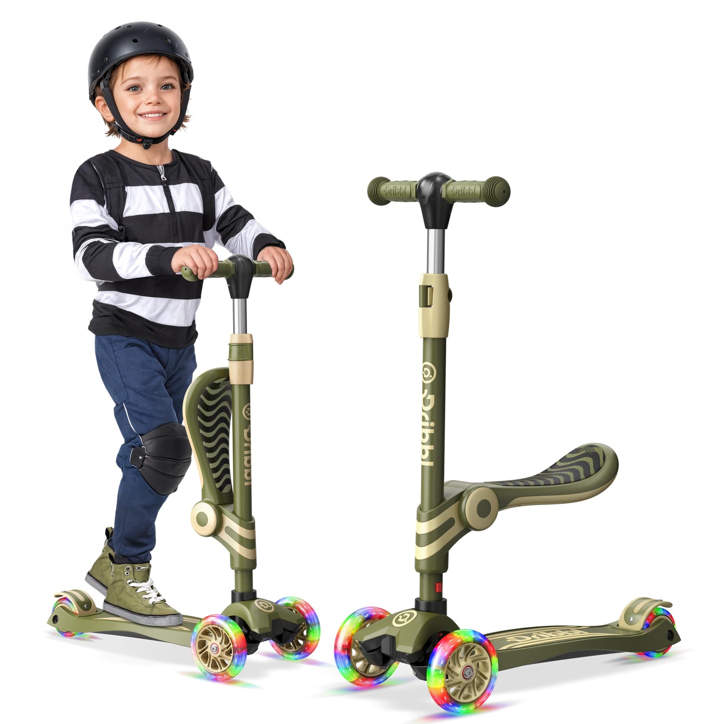 Army 3 Wheel Scooter with Seat for Kids, Light-Up Wheels, Adjustable Lean to Steer Handlebar and Seat, Smooth Wheels, Wide No-Sl