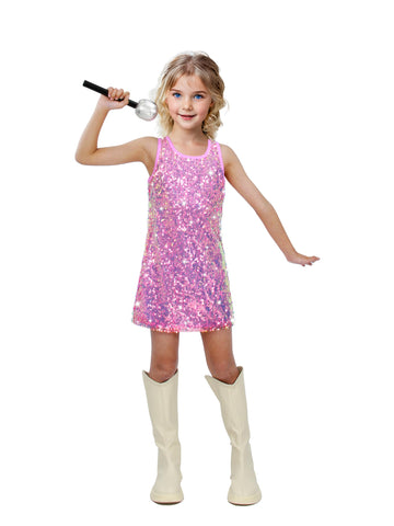 Sinkawa Jackets Girls Sequin Dress Sparkly Sleeveless Costume Prom Concert Party Outfit with Glitter Microphone Prop-Large Pink