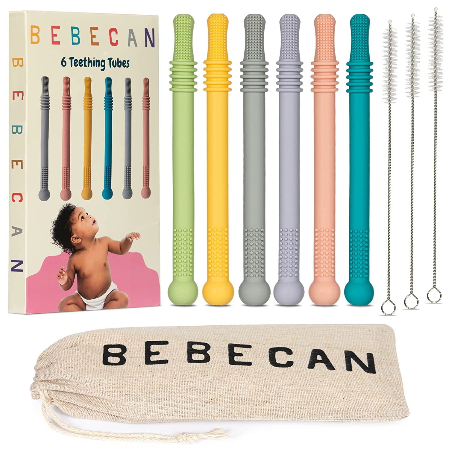 Bebecan Teething Sticks For Babies 0-36 Months - Super Soft Silicone Teethers In 6 Vibrant Colors, Infant Teething Relief, Multi