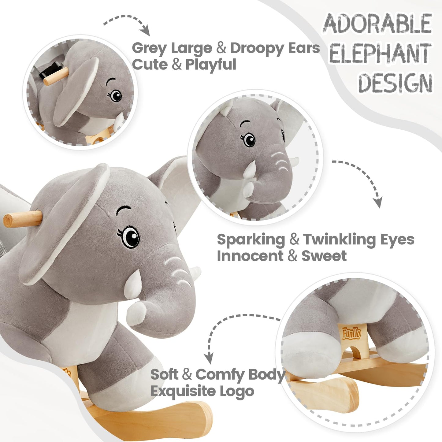 Funlio Elephant Baby Rocking Horse For Toddlers 6 Months To 3 Years, Cute & Graceful Grey Elephant Rocker For Baby Girl, Stuffed Plush Ride-On Rocking Animal, Easy To Assemble, Cpc & Ce Certified