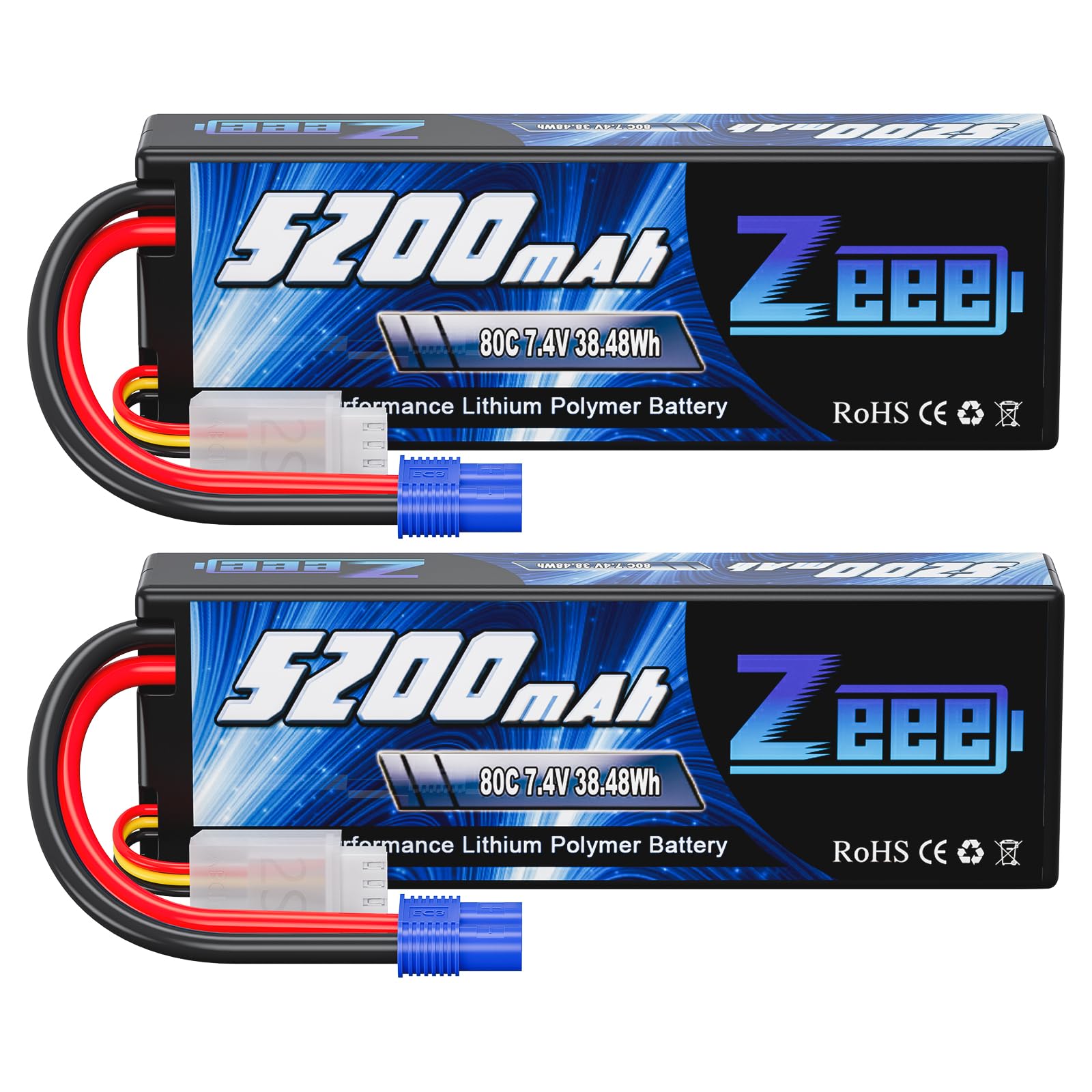 Zeee 7.4V 2S Lipo Battery 5200mAh 80C Hard Case Battery with EC3 Plug for 1/8 1/10 RC Vehicles Car RC Buggy Truggy RC Airplane D
