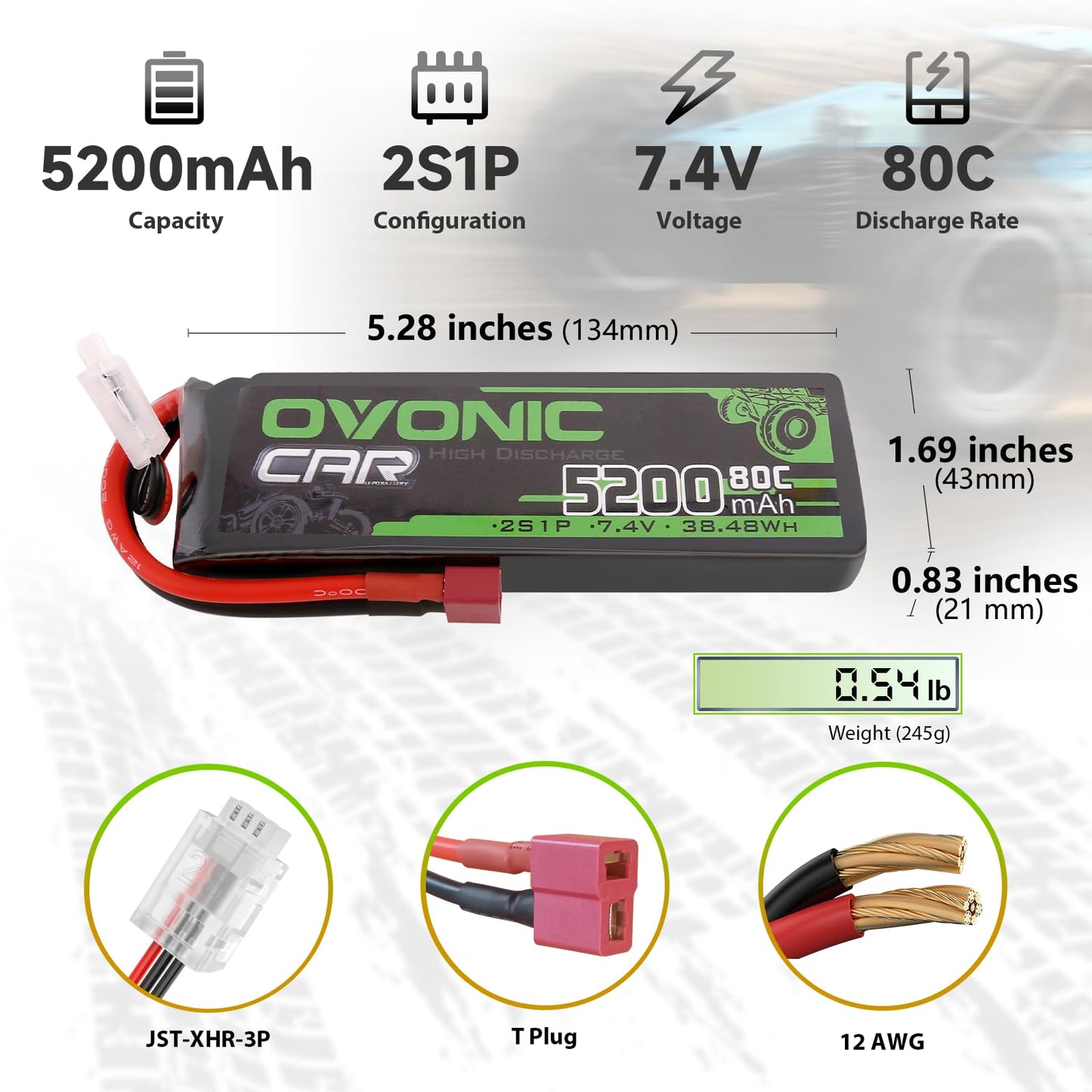 OVONIC 7.4V 2S Lipo Battery 5200mAh 80C Hard Case Battery Deans T Plug with Housing for 1/8 1/10 RC Vehicles Car Slash RC Buggy