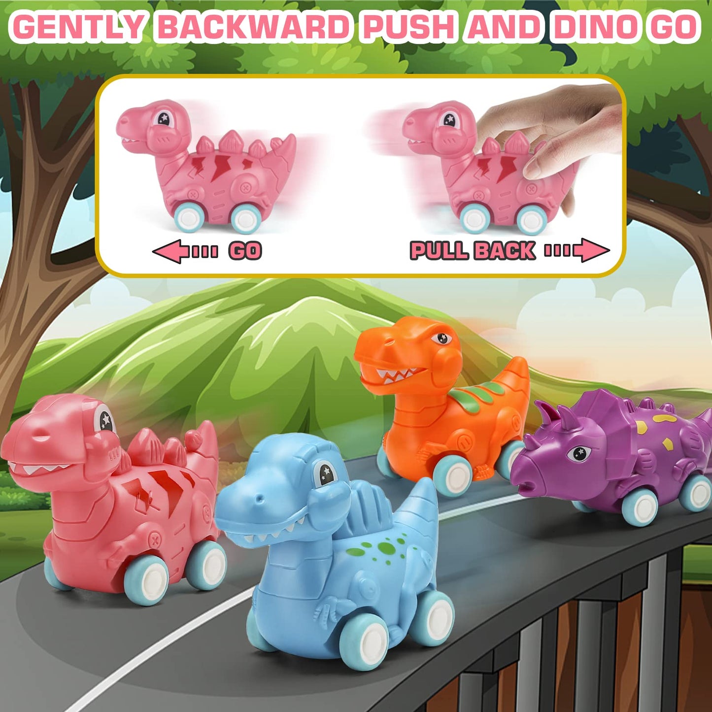 Dinosaur Car Toy for Toddler Girl, Dino Carrier Truck with 4 Mini Cartoon Pull Back Cars with Realistic Lights and Sounds, Pink