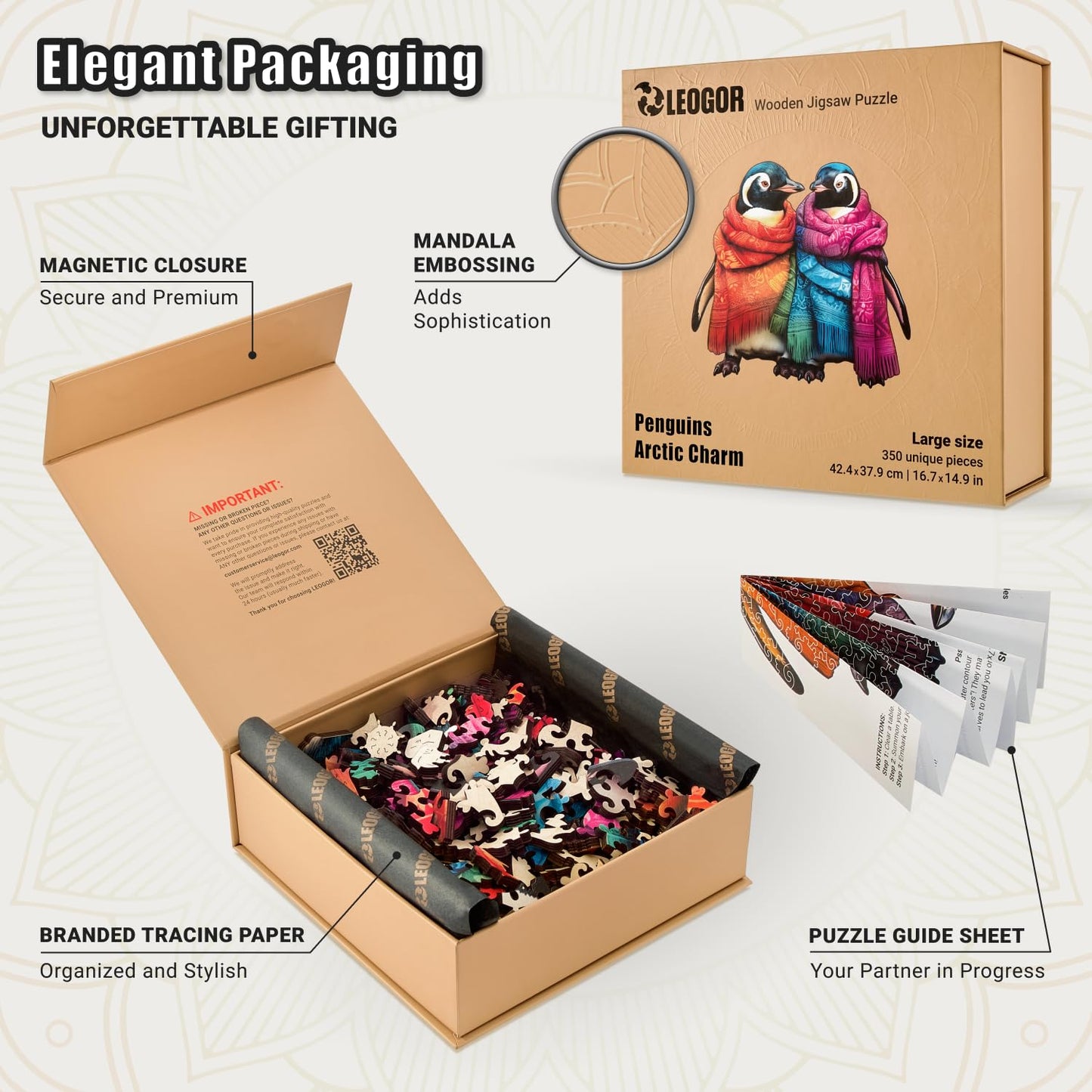 LEOGOR 350 Piece Wooden Puzzle - Penguins Arctic Charm, Extra-Thick 5mm, 16.7x14.9in, Hand-Shaped Marine Life Design, Gift for Puzzle Lovers