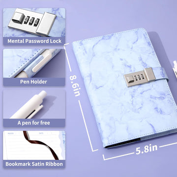 Cagie Marble Diary With Lock For Girls And Women, A5 Secret Journal With Lock 192 Pages Waterproof Girls Locked Diary With Pen, Password Locked Journals For Teen Girls, Purple
