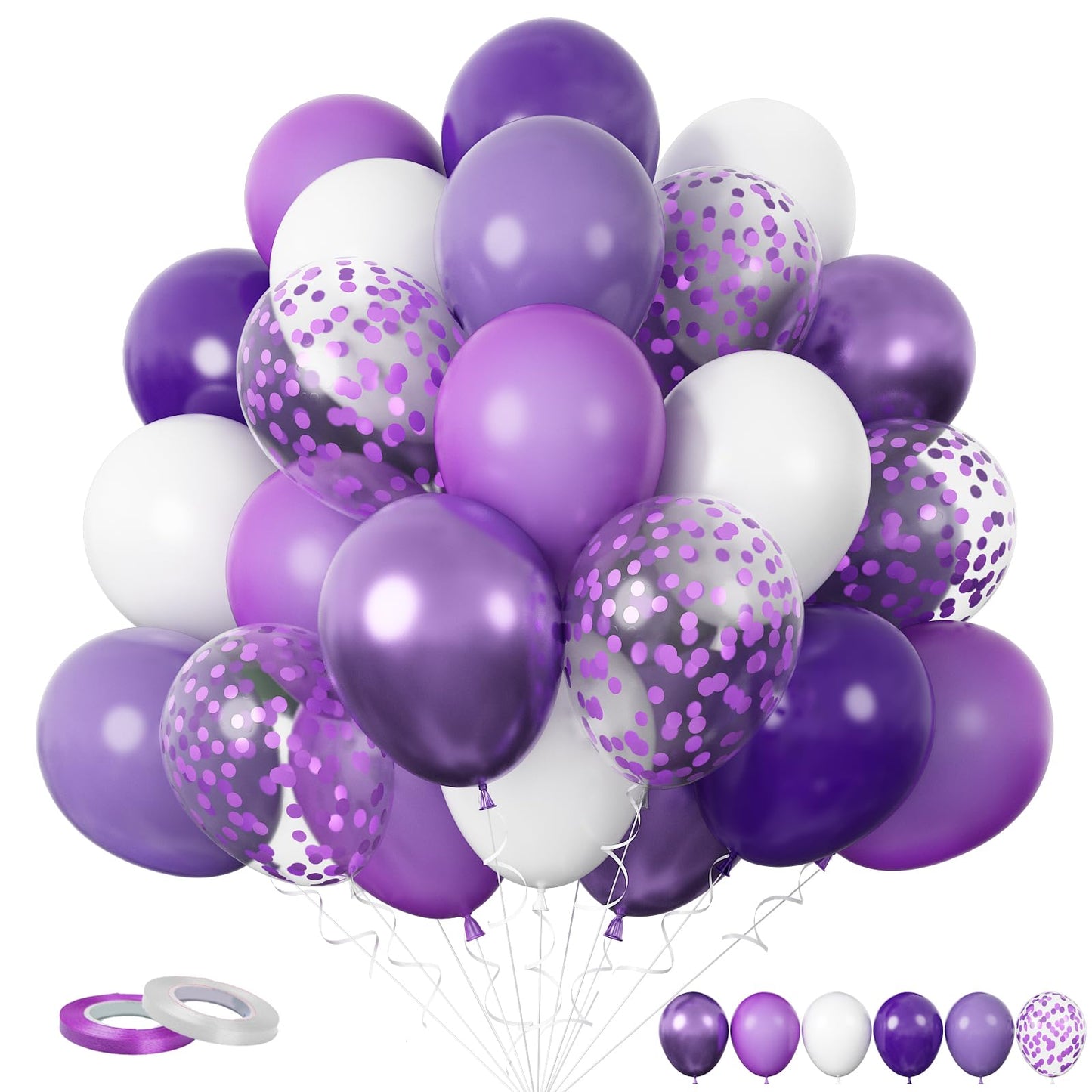 Funhot Purple Balloons, 60 Pcs Dark Purple White Balloons, 12 Inch Metallic Purple Confetti Balloons Macaron Purple Latex Balloo
