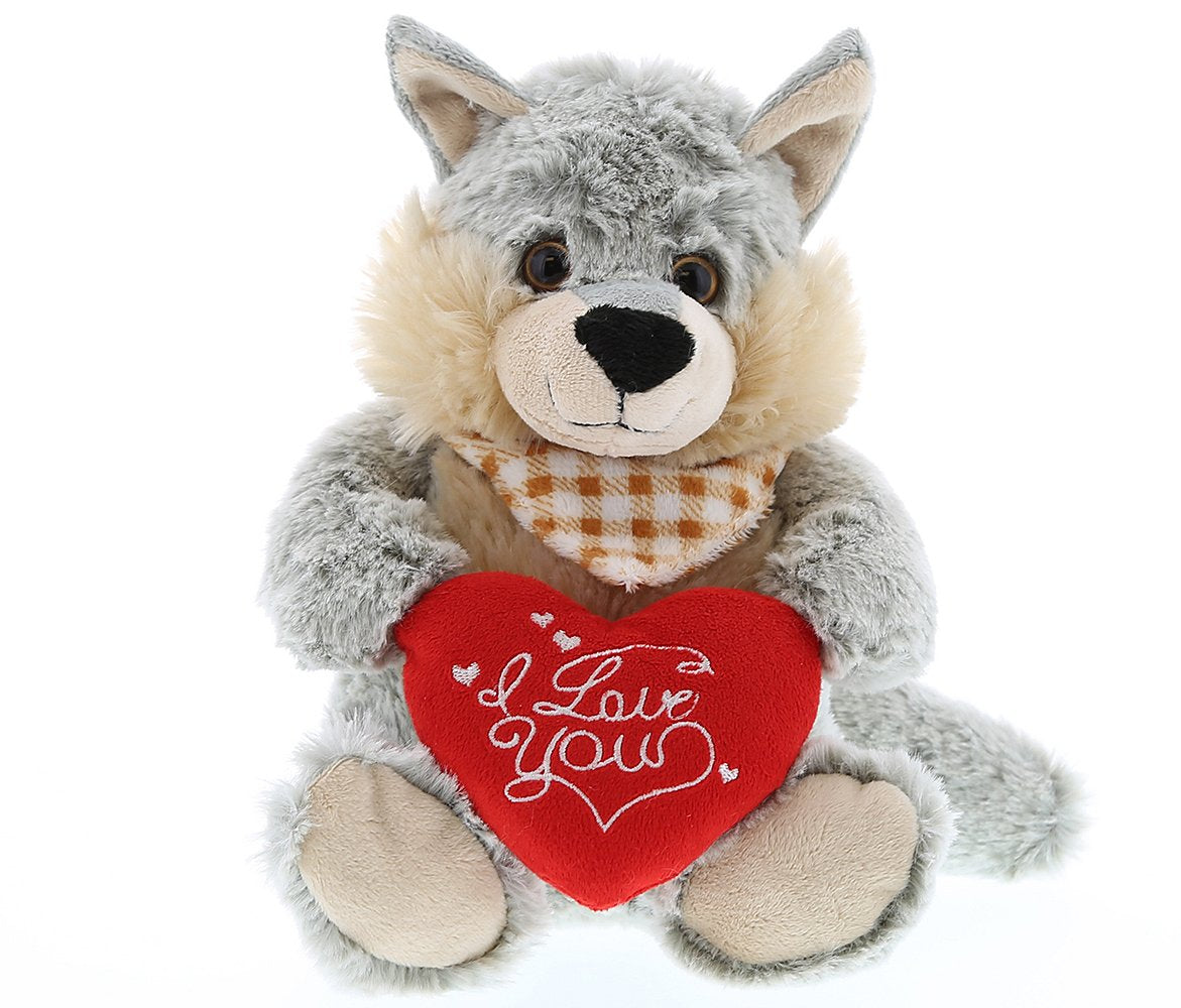 DolliBu I Love You Valentine Plush Sitting Wolf - Cute Stuffed Animal with Red Heart and Name Personalization Gift for Valentines Day  Birthday  Anniversary  Romantic Date - 9 Inches