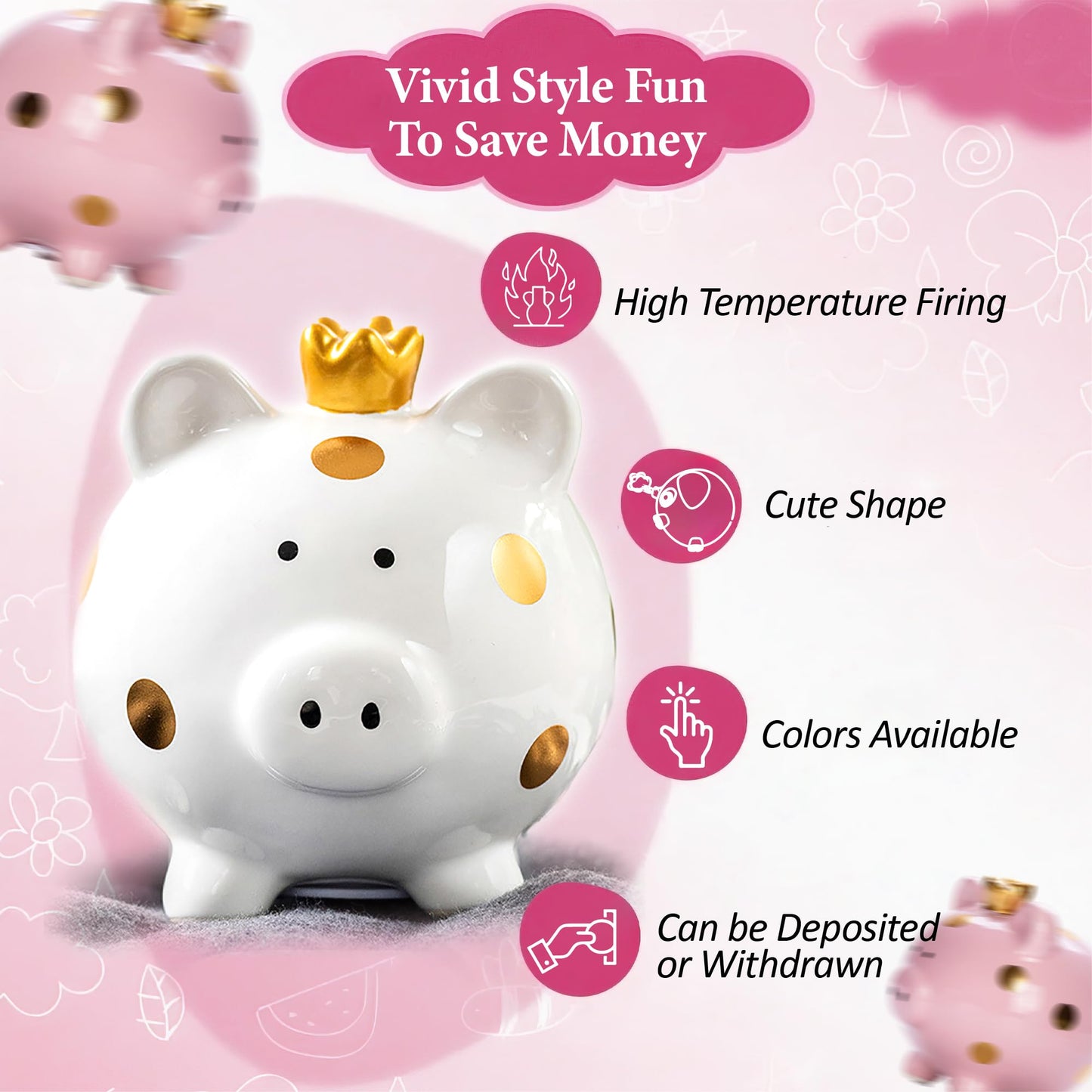 Yjnsft Piggy Bank For Girls, Small Ceramic Toddler Money Saving Bank For Boys, Porcelain Decor Coin Box, Little Decoration Pig Money Container, Unique Birthday Christmas New Year Gift For Kids (White)