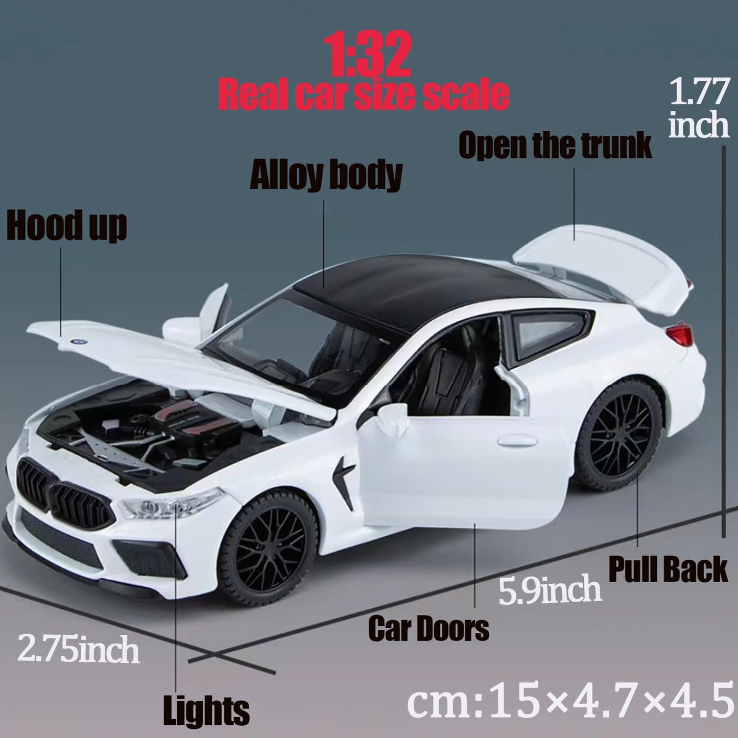 ERBADIHAGO BMW M8 1/32 Metal Toy Car with Light & Sound, White, Pull Back, 15×7×4.5CM