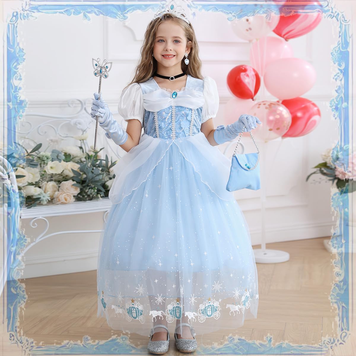 Luzlen Cinderella Costume For Girls Blue Princess Dress For Kids With Puffy Sleeves Halloween Birthday Party Outfit,5-6 Years(Label 130)