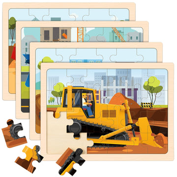 Wooden Puzzles For Kids Ages 4-6, 4 Packs 24 Pcs Construction Vehicle Jigsaw Puzzles For Kids Ages 3-5, Preschool Educational Pu