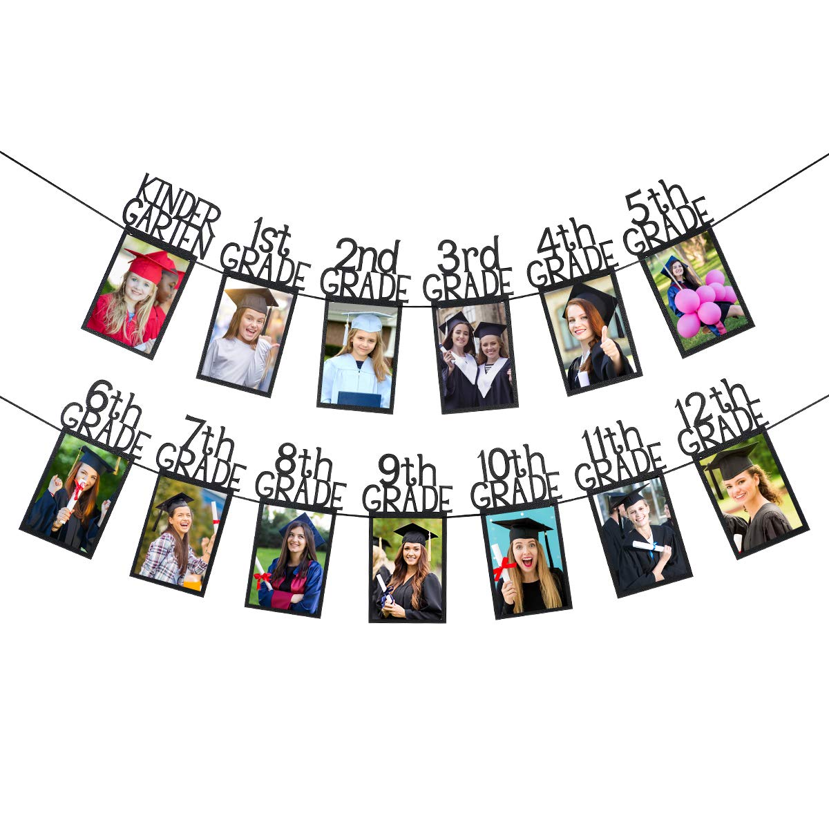 Black Glitter K-12 Graduation Photo Banner Kindergarten to 12th Grade Graduation Picture Banner for Grade Photo Kindergarten Par