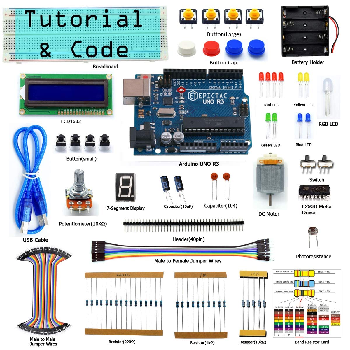 Epictac Beginners Starter Kit For Uno R3, Lcd1602, Breadboad, Dc Motor, With Tutorial And Code