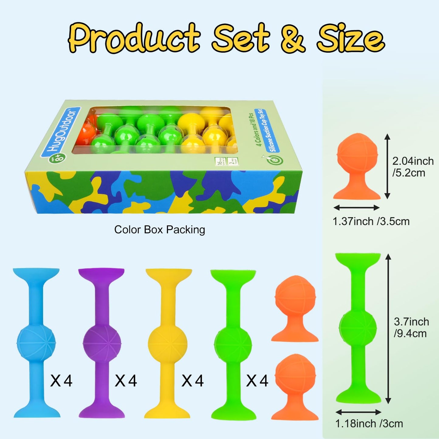 HugOutdoor Suction Cup Kids Bath Toy - 18Pcs Soft Tip Darts, Medium, Silicone, 4 Colors: Blue, Green, Purple, Yellow