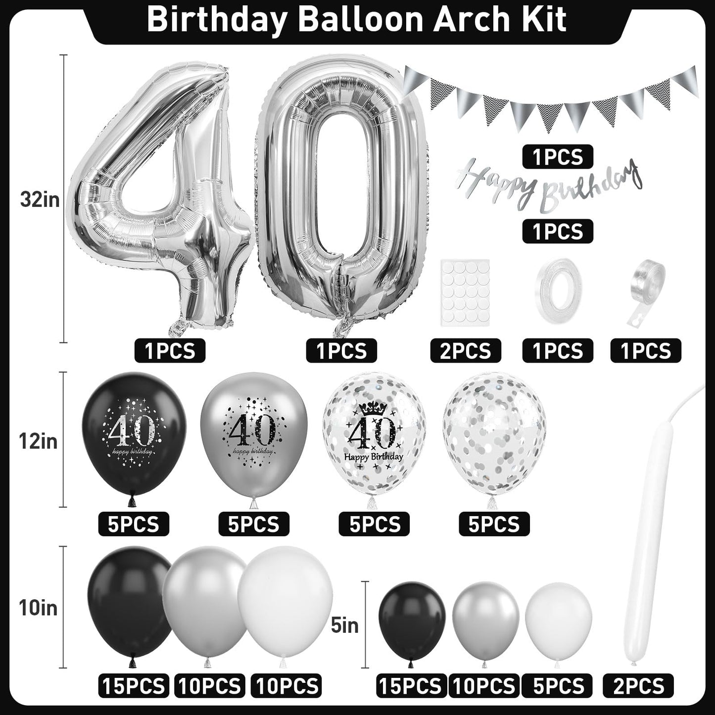 40Th Birthday Decorations Black Silver,40Th Birthday Balloon Garland Party Decorations With Number 40 Foil Balloons,Happy Birthd