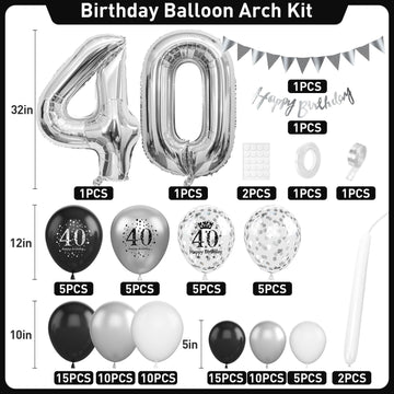 40Th Birthday Decorations Black Silver,40Th Birthday Balloon Garland Party Decorations With Number 40 Foil Balloons,Happy Birthd