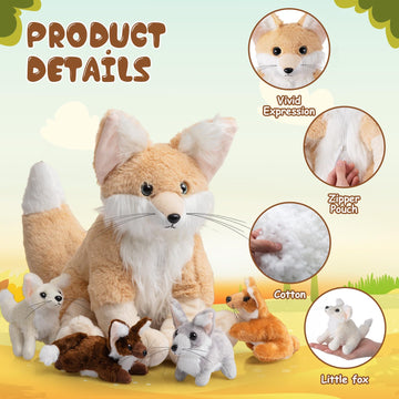 Hydren 5Pcs Woodland Animals Plush Toys Set 13.4 Inch Large Fennec Fox Stuffed Animal With 4 Cute Baby Fox Plush Toys Gift For V