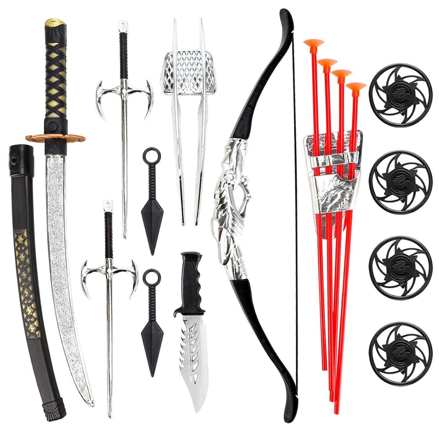 Liberty Imports Ninja Warrior Bow and Arrow Archery Set with Katana decorative replica blade  Sai  Melee Toy  for Kids Pretend Role Play Equipment  Cosplay  Costume Accessories
